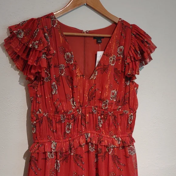 Ann Taylor Maxi Orange Gold Floral pleated dress - Picture 2 of 7